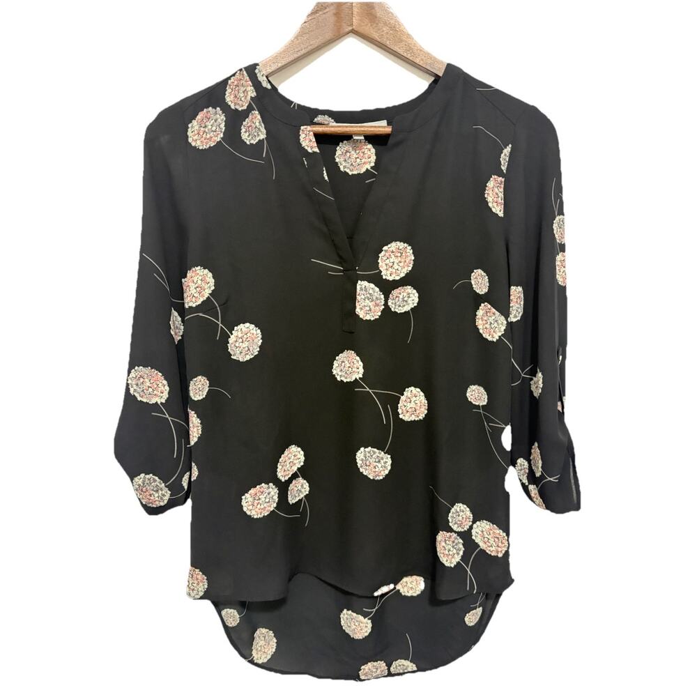 Daniel Rainn Black Floral Blouse Womens Small 3/4 Sleeve Sheer Tunic Top